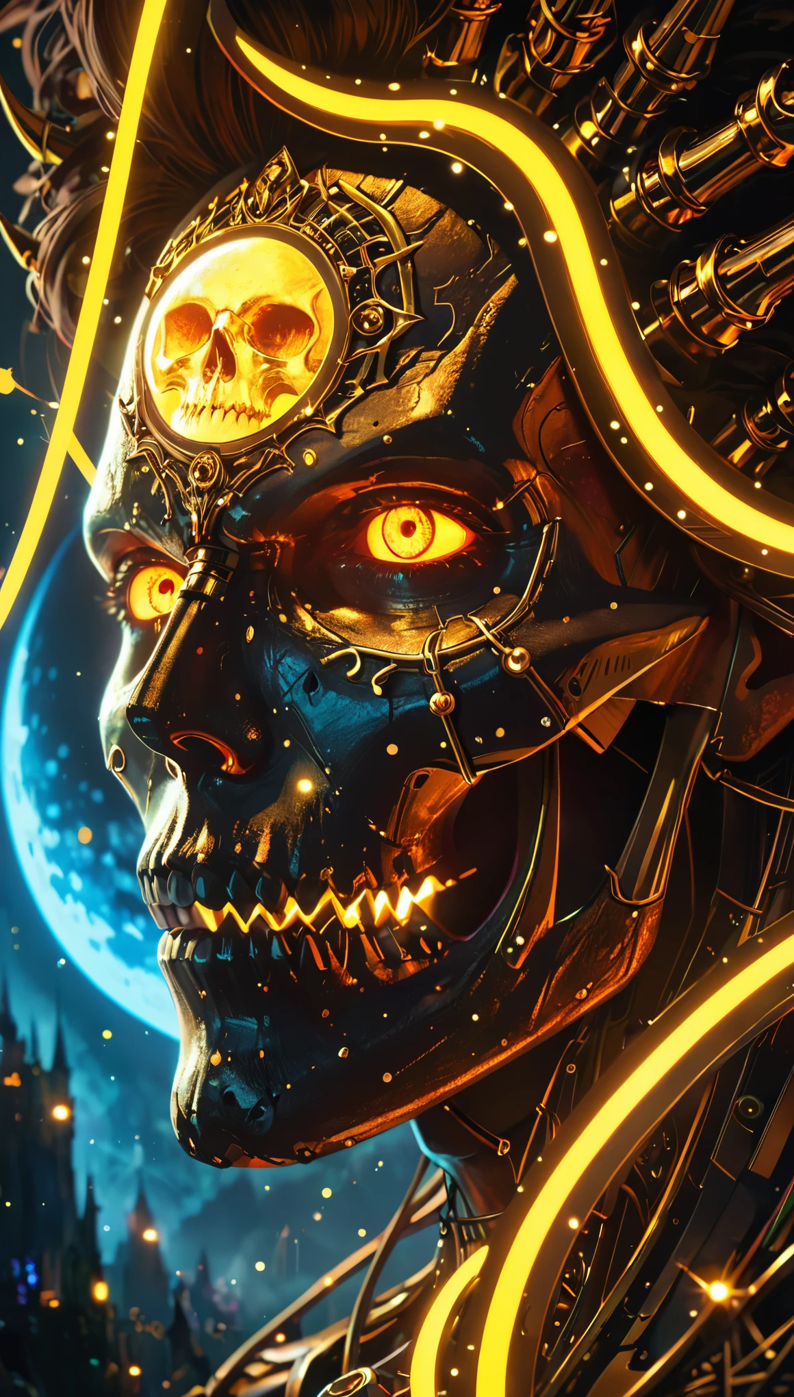 Masterpiece,Best Quality,Hyper Detailed,Cinematic Light,Intricate Detail,Highres,Official Art,Detailed Glow,A red skull, portrait, Rostland, Benedict Barna, Morel, (((Gold Jewelry))), (The pupil is composed of a moon-shaped image.:1.8), Miracle, Dark atmosphere, Black Forest, ((Neon flashing)),Characteristics of dragons,Jewelry accessories, Diffraction peak, Vibrant colors、Bokeh、portrait、landscape、Fear、cartoon、Science fiction, photography, Concept Artist, Steel claws, Steel Fang,Electronic Links, Metal chains, Diffraction spike,SplitScreen