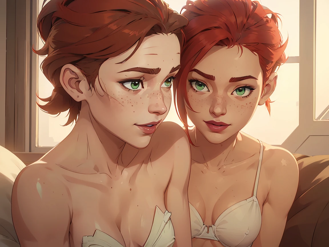(((2 characters))), ((1guy, jon, a young guy in his 30s with asymmetric very short brown hair, green eyes, a flat nose, smooth skin, slim athletic body)), ((1girl, jennifer lawrence, 1girl, red haired chubby pale girl, green eyes, freckles, half asymetric red hair, cute, nude, small height, stain lipstick, long eyelashes, primer, cream eyeline, ((small breasts)), cute, beautiful, realistic style, highly detailed, 4k, smiling, looking down)), kissing