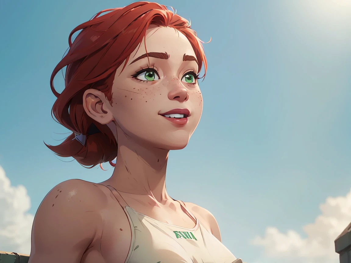 (((2 characters))), ((1guy, jon, a young guy in his 30s with asymmetric very short brown hair, green eyes, a flat nose, smooth skin, slim athletic body)), ((1girl, jennifer lawrence, 1girl, red haired chubby pale girl, green eyes, freckles, half asymetric red hair, cute, nude, small height, stain lipstick, long eyelashes, primer, cream eyeline, ((small breasts)), cute, beautiful, realistic style, highly detailed, 4k, smiling, looking up)), kissing