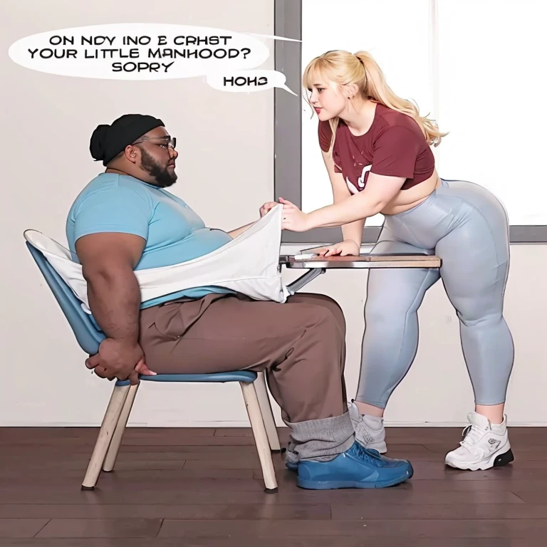 Picture of a fat man sitting in a chair with a blonde woman standing next to him, giving him a wedgie, thicc, (sfw) safe for work, realistic , high realistic, higher realistic, sitting in her classroom,