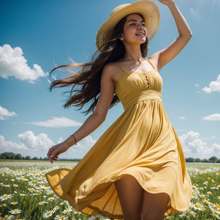 For the third look, Vera donned a flouncy yellow sundress with a ruffled hem, paired with wedge sandals and a straw hat. Jim encouraged her to frolic about in a field of daisies that had been carefully arranged just for this shoot. The sweet, summer scent of the flowers filled the air as she twirled and danced, her long hair flying free around her. The sun beat down upon her skin, but she barely noticed as she lost herself in the moment, completely engrossed in the joy of movement and .