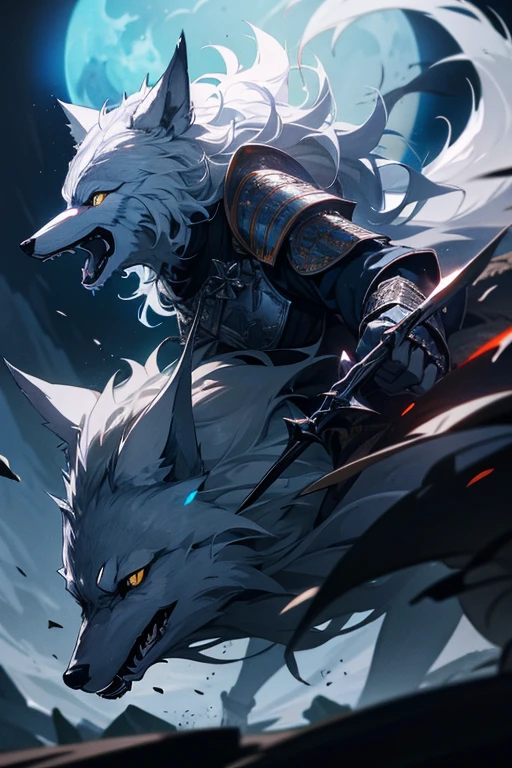 Wolf Knight, fine armor, Intricate Design, Silver, silk, Cinema Lighting, 4K, Floating Hair, sharp、King of Wolves、Howling Night、