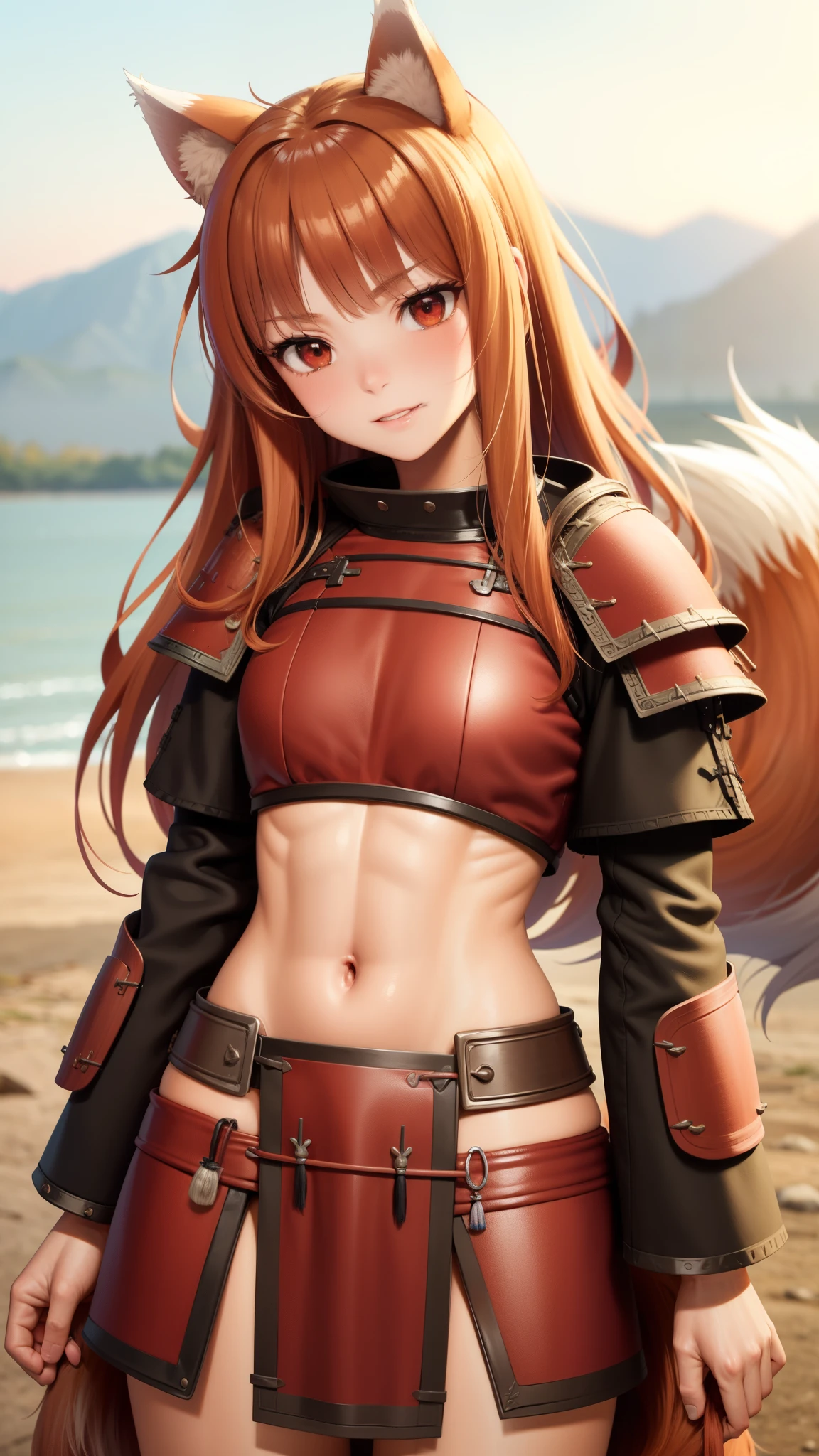  Ultra-detailed, HDR, UHD, ultra-fine painting, physical based rendering, extreme detail description, Professional, full-length portrait, landscape, style of Concept Artists, with a vibrant color palette, soft-lighting, 1girl, long hair, brown hair, animal ears, red eyes, wolf tail, necklace, ((wearing Shaman armor:1.5) , (with wolf ears), (red wolf girl, Wolf Female), (muscular strong body), (body scars, damaged), seductive sexy pose