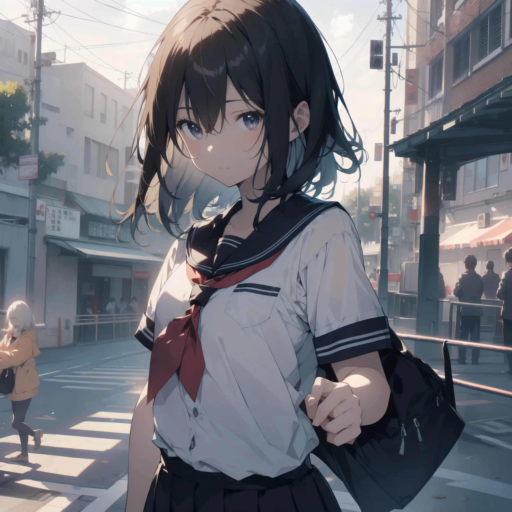 ultra-absurdres-Top quality by artist God, ultra-detailed, high resolution, anime moe artstyle, best anime 8k konachan wallpaper, pixiv contest winner, pool:2810, perfect anatomy,break, 1girl, (Solo,little female, 13-year-old:1.3),Full limbs, complete fingers,a junior high school student, (very short hair), short cut, flat chest, , small butt, small black eyes, beautiful detailed eyes, well-proportioned iris and pupils, expressive eyes, highres detailed hair, soft expression, school_uniform, serahuku, neckerchief, shirt, short sleeves, pleated skirt,(Detailed Lighting), (Detailed background), in the School commute route. break,super detailed skin, Best cinematic lighting powered by famous artist, 8k,beauty illustration,photoshop_(medium),very aesthetic,break,((artist:ningen mame )), artist:bolze ,artist:oyari ashito ,artist:kantoku ,