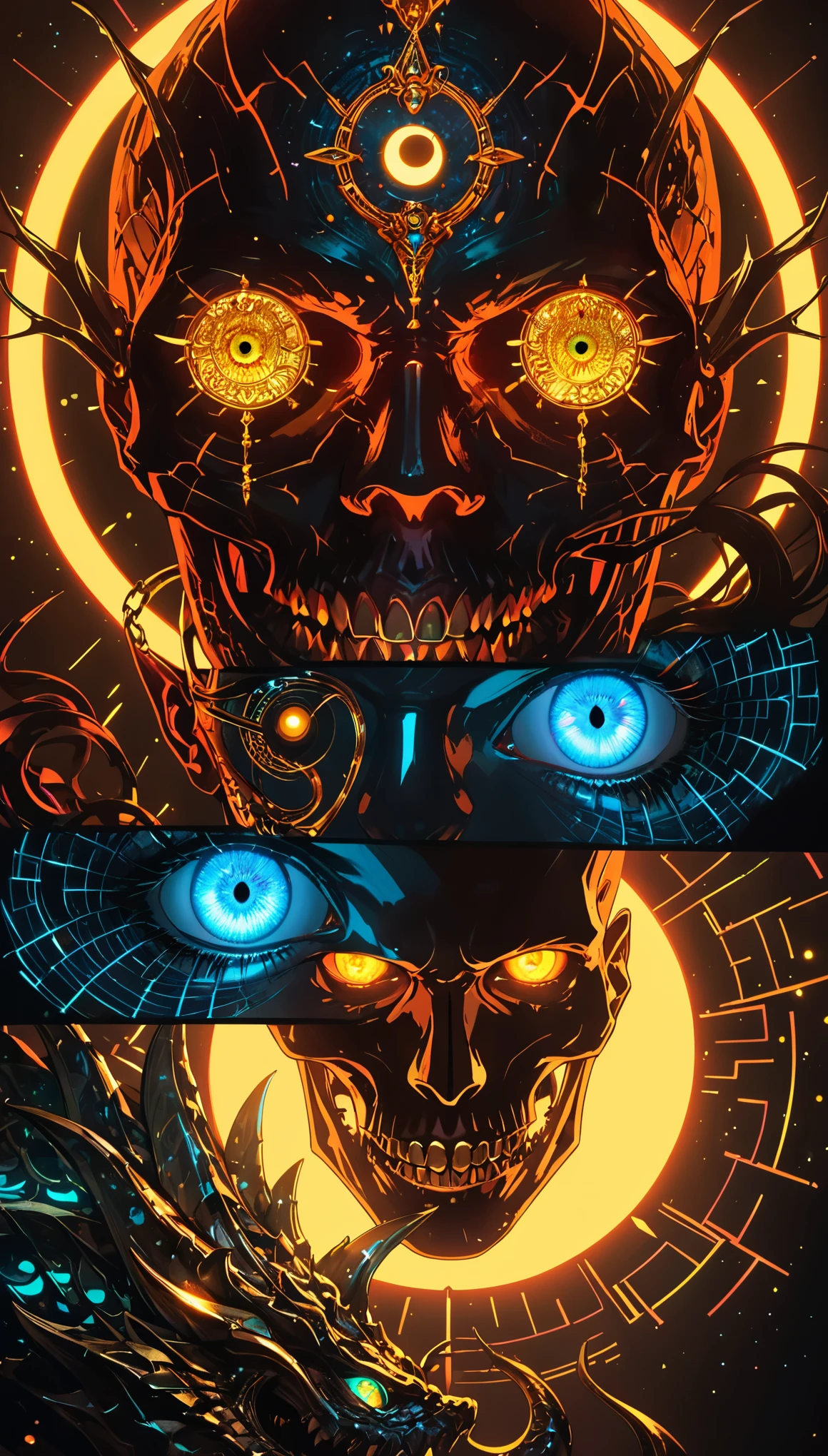 Masterpiece,Best Quality,Hyper Detailed,Cinematic Light,Intricate Detail,Highres,Official Art,Detailed Glow,（A red skull）, Steel claws,neon glowing teeth, portrait, Rostland, Benedict Barna, Morel, (((Gold Jewelry))), (eyes's pupil is composed of a moon-shaped image.:1.8), Miracle, Dark atmosphere, Black Forest, ((blue Neon glowing)),Characteristics of dragons,Jewelry accessories, Diffraction peak, Vibrant colors,Concept Artist,Electronic Links, Metal chains, SplitScreen,Surreal fantasy style，2.5D，