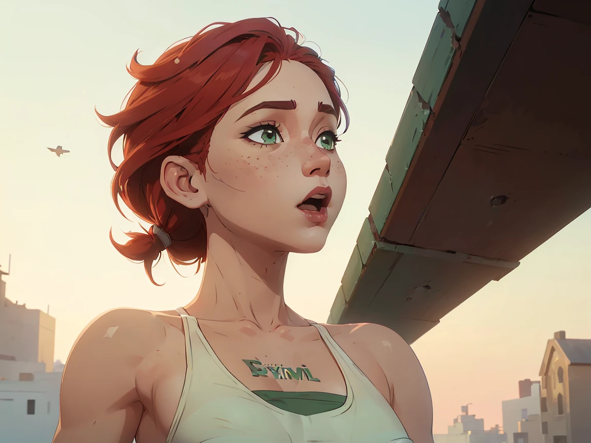 (((2 characters))), ((1guy, jon, a young guy in his 30s with asymmetric very short brown hair, green eyes, a flat nose, smooth skin, slim athletic body)), ((1girl, jennifer lawrence, 1girl, red haired chubby pale girl, green eyes, freckles, half asymetric red hair, cute, nude, small height, stain lipstick, long eyelashes, primer, cream eyeline, ((small breasts)), cute, beautiful, realistic style, highly detailed, 4k, open mouth, looking up)), kissing