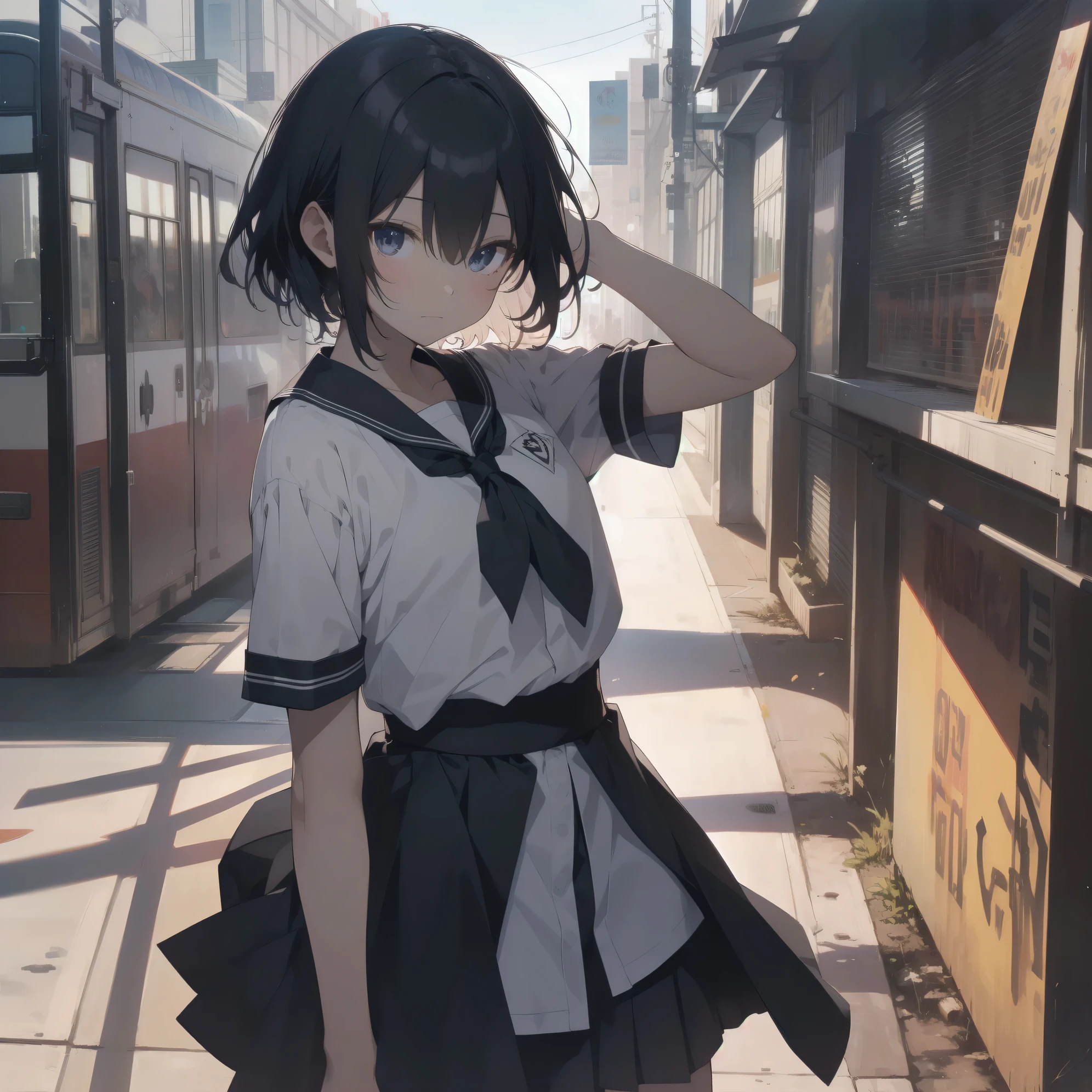 ultra-absurdres-Top quality by artist God, ultra-detailed, high resolution, anime moe artstyle, best anime 8k konachan wallpaper, pixiv contest winner, pool:2810, perfect anatomy,break, 1girl, (Solo,little female, 13-year-old:1.3),Full limbs, complete fingers,a junior high school student, (very short hair), short cut, flat chest, , small butt, small black eyes, beautiful detailed eyes, well-proportioned iris and pupils, expressive eyes, highres detailed hair, soft expression, school_uniform, serahuku, neckerchief, shirt, short sleeves, pleated skirt,(Detailed Lighting), (Detailed background), in the School commute route. break,super detailed skin, Best cinematic lighting powered by famous artist, 8k,beauty illustration,photoshop_(medium),very aesthetic,break,((artist:ningen mame )), artist:bolze ,artist:oyari ashito ,artist:kantoku ,
