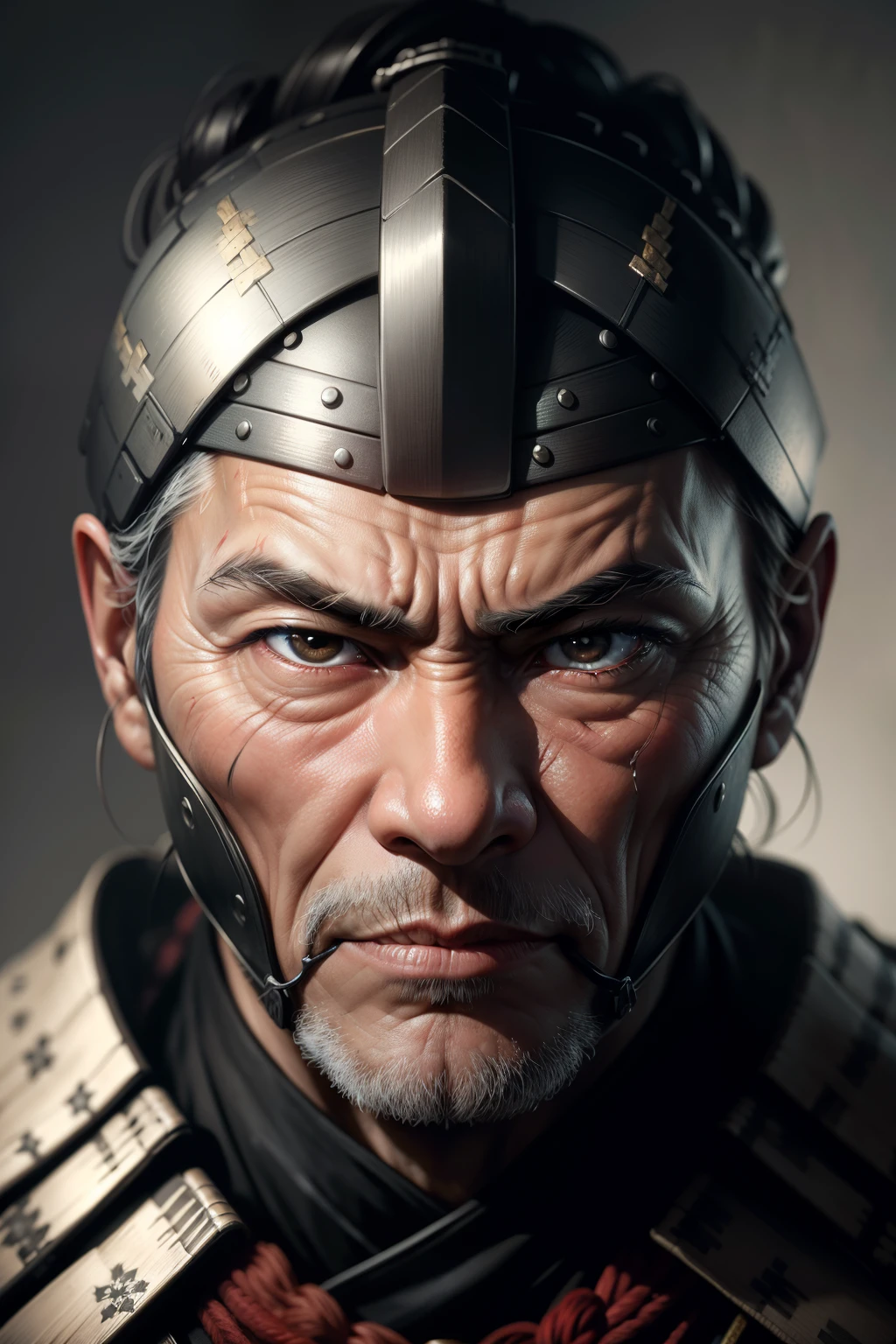 Realistic ultra HD close-up portrait,A samurai wearing a war mask, Wrinkles ,Facial expressions show strong emotions, with named x9 ZAIBI, black and white color
