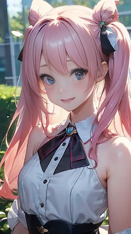 Anime girl with pink hair and a ribbon in her hair, Cute realistic portrait, 髪の毛はSilver、Gweitz, Magical Girl Portrait, Cute Characters, Cute art style, Anime Moe Art Style, MapleStory character art, cute portrait, Cute Anime Girl Portrait, Small person portrait, artwork in the style of Gweitz, Splash Art 、Lace bra、See-through、sexy lace top、I&#39;m not wearing a skirt)、Silver、Long twin tails、bird、Wind、Thick thigharried Woman