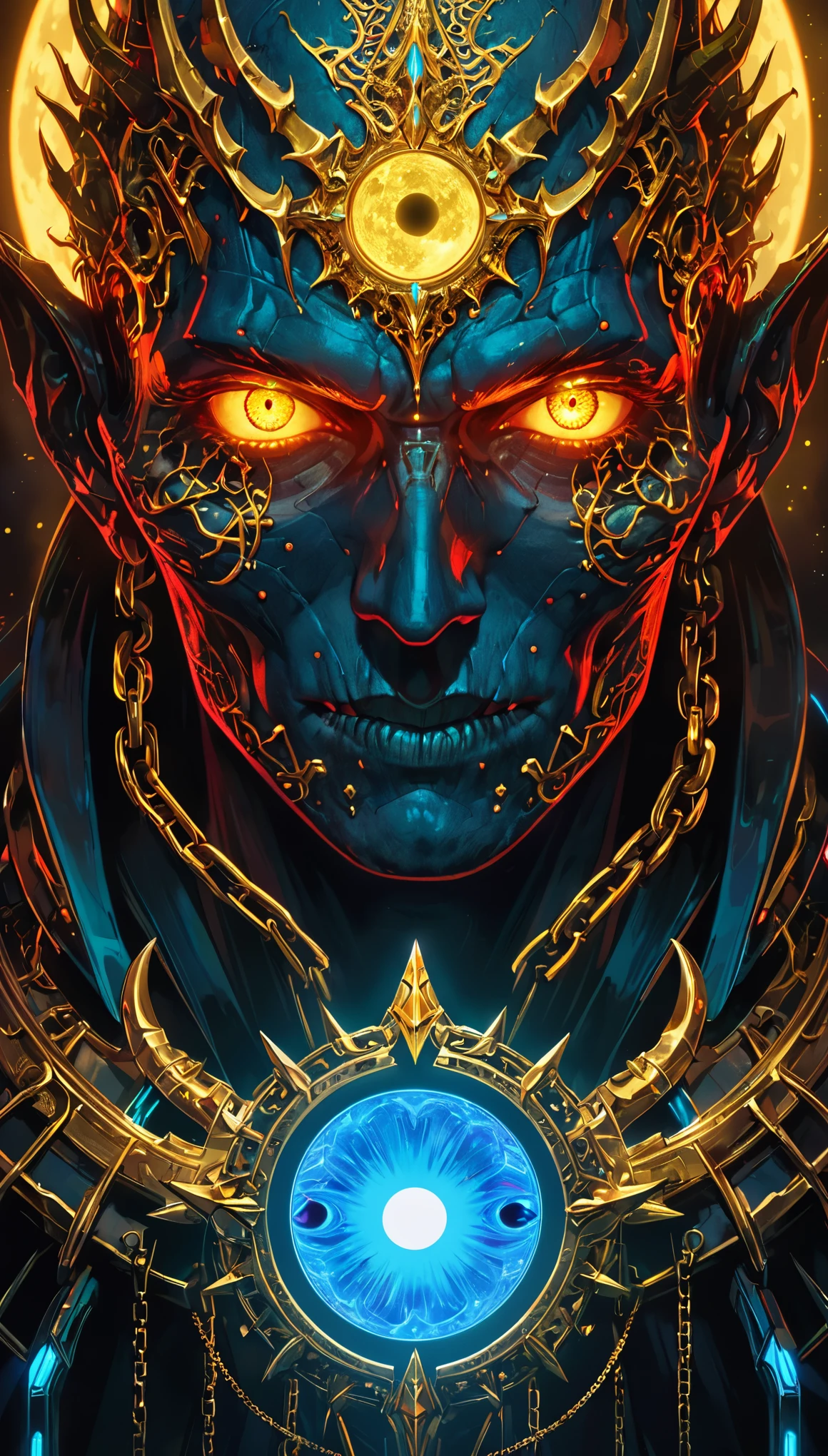 Masterpiece,Best Quality,Hyper Detailed,Cinematic Light,Intricate Detail,Highres,Official Art,Detailed Glow,（A red skull）, Steel claws,neon glowing teeth, portrait, Rostland, Benedict Barna, Morel, (((Gold Jewelry))), (eyes's pupil is composed of a moon-shaped image.:1.8), Miracle, Dark atmosphere, Black Forest, ((blue Neon glowing)),Characteristics of dragons,Jewelry accessories, Diffraction peak, Vibrant colors,Concept Artist,Electronic Links, Metal chains, SplitScreen,Surreal fantasy style，2.5D，