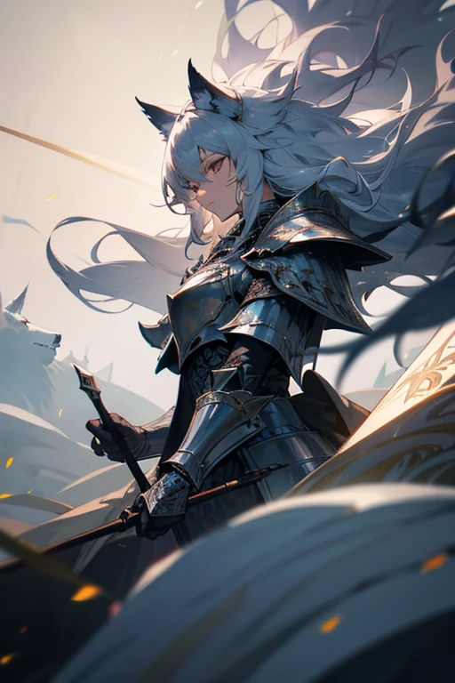 Wolf Knight, fine armor, Intricate Design, Silver, silk, Cinema Lighting, 4K, Floating Hair, sharp