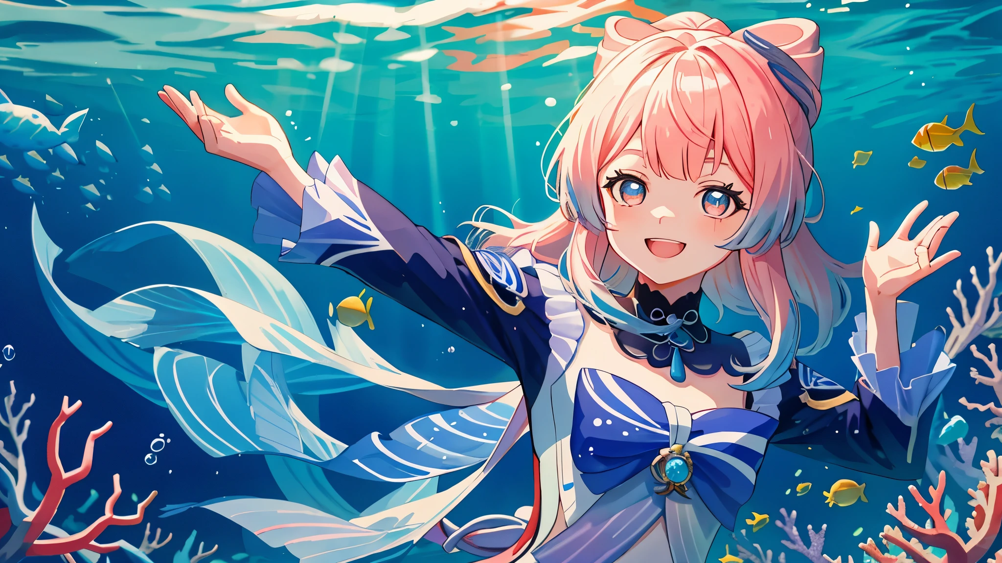 1girl, Sangonomiya Kokomi (from Genshin Impact), with a smiling face and a cute expression, snorkeling in the sea among coral reefs, fish and bubbles, looking ahead, with perfect hands,