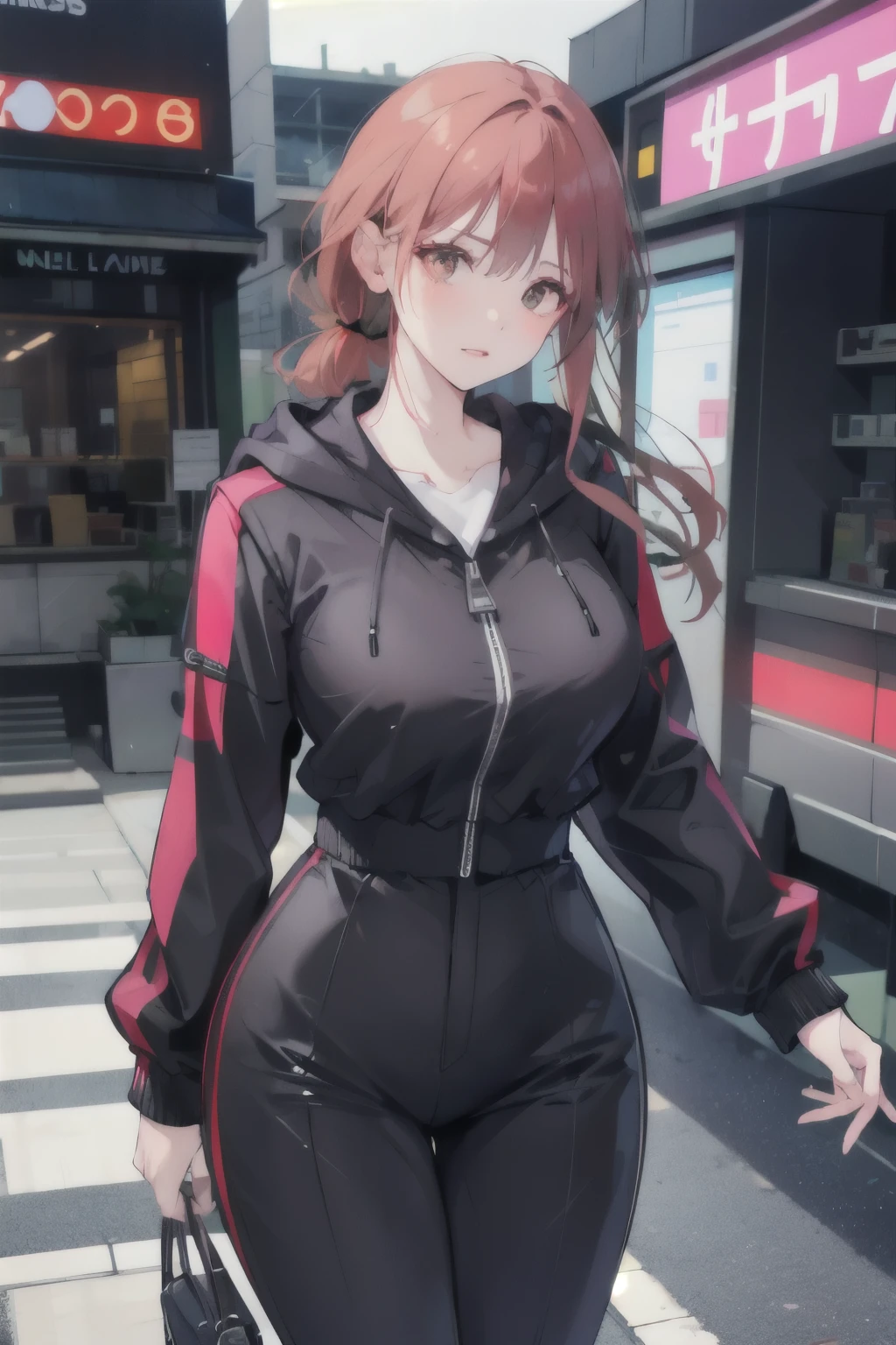 a scared and embarrassed redheaded woman, hair in a ponytail, her bright eyes super detailed, full lips painted red, chiseled physique and wide hips. She wears a closed black leather jumpsuit, whose shiny surface accentuates her shape. A windbreaker with a hood and a neon pink interior covers your shoulders and a pleased skirt. Walking down a busy street, she attracts glances from onlookers. This image exudes realism, capturing the essence of a fragile and embarrassed figure. Digital art, high definition and photorealistic technique