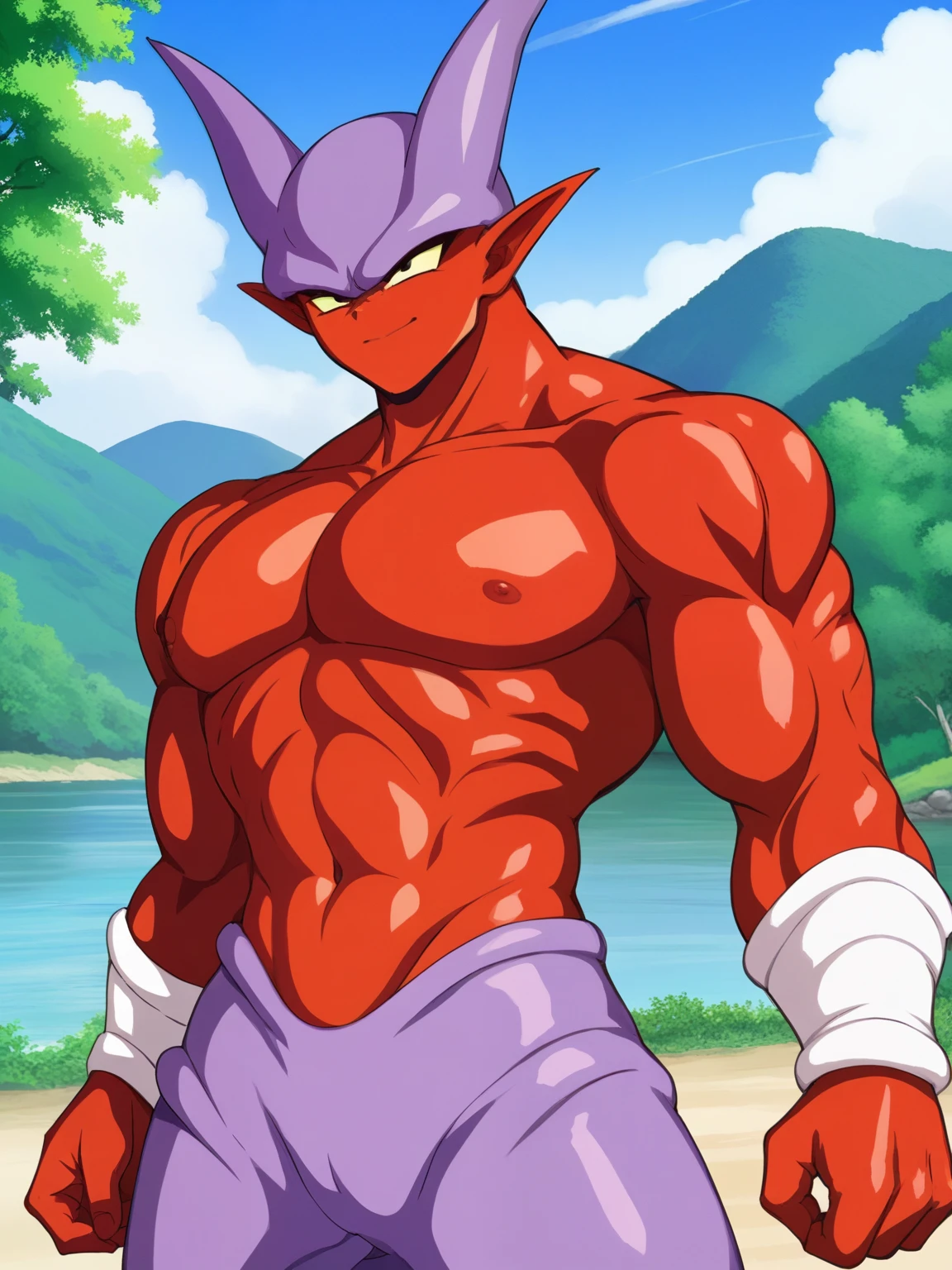 shirtless,, red muscles ,red 
