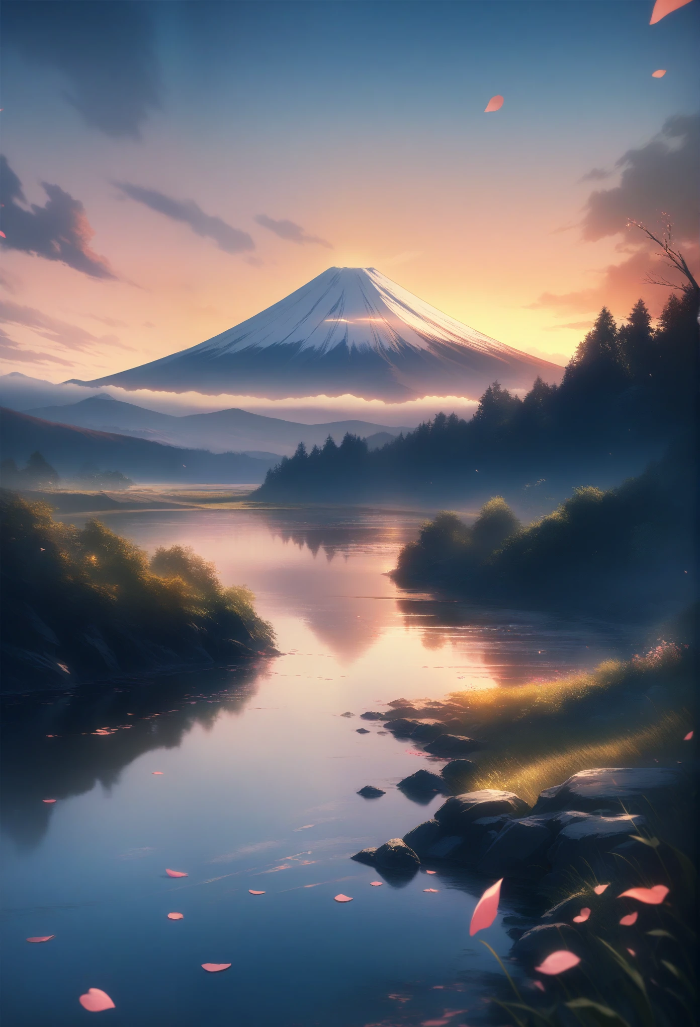 32k, best quality, ultra high res, HDR, UHD, extremely detailed CG, unity 32k wallpaper, highest quality, masterpiece, extremely detaileded, detaileded background, detaileded eyes, anime, One girl, Beautiful Eyes, Young girl, Long Hair Girl, Expressive Face, kimono, Retro, Wind view of Mt. Fuji, Outdoor, sunset, Beautiful sky, Picnic on the lake, Wind view, scenery, horizon, Mountain Sitting near the mountain, Wind, petal, spring, avert your eyes, Atmospheric lighting, reflection, Naturalistic, detailed, realism. relaxation, beauty, Focus Only, close, From the side, Depth of written boundary, Bokeh,