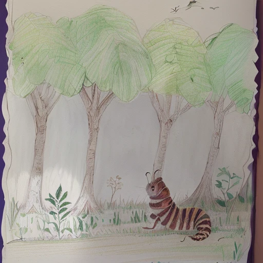 there is a drawing of a worm crawling in the grass, based on child's drawing, Ilustraciones infantiles, bosque caprichoso, obra de arte ganadora, inspirado en Henri Rousseau, Dibujo , inspirado por Emily Carr