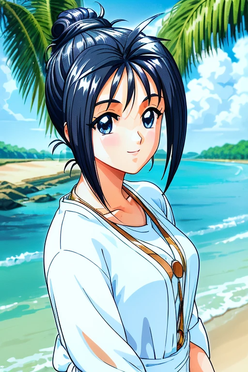 ((highest quality)),(超A high resolution),(Very detailed),(Detailed Description),((The best CG)),(masterpiece),Ultra-detailed art,The art of astonishing depiction, Sparkling eyes, (fine grain)、Beautiful and beautiful eyes、

(((White Summer Mini Dresidsummer Beach)))、Small pendant、Teenage Girl、1 girl、beautiful girl、Cowboy Shot、
Ayako Katagiri, 
Black Hair、The back of her hair is up、Long bangs short hair、black eye、smile、smile、