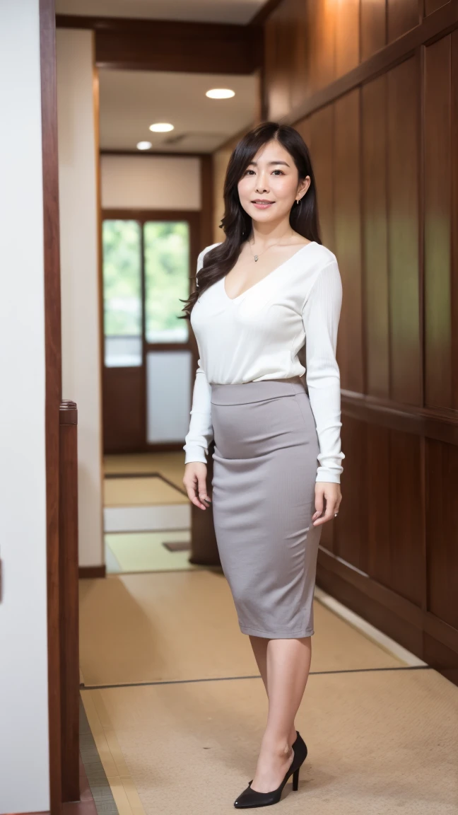 High resolution, highest quality, masterpiece, Textured skin, Anatomically correct, sharp, (((Full body photo))), (Shooting from the side), (Alone in the hotel lobby), (walking), ((Japanese Mature, 42 years old)), Nasolabial folds, Black straight hair, Semi-long hair, (Plump figure:1.1), Shapely small breasts, (Looking at the camera), Serious expression, (Business look), ((teacher)), Grey ribbed V-neck, Long sleeve, Formal tight skirt, pumps, necklace, Earrings
