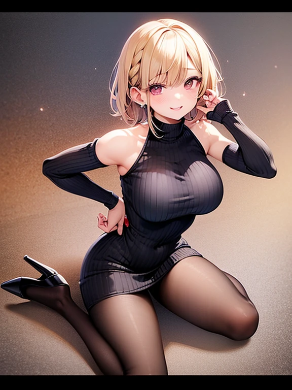 ((highest quality)), ((masterpiece)), (detailed), (Character Focus、breast focus,whole body), (One Girl: 1.1)、Anime 2D Rendering, Realistic young anime woman,
Five Fingers, Perfect Face, Beautiful fine details, Beautiful body, Beautiful thighs, Beautiful feet, White beautiful skin、Perfect round ass,Fit and body, Big Breasts、
Blonde、(Short hair with visible ears)、dark red eyes、Earrings、
((Dark blue high neck、mini sweater dress)、Black Pantyhose、(Black High Heels))、 smile、Face towards the viewer、Sexy pose,erotic,romantic、可愛い顔と魅惑的なsmile、(Grin、blush, Excited)、(whole body、Are standing)