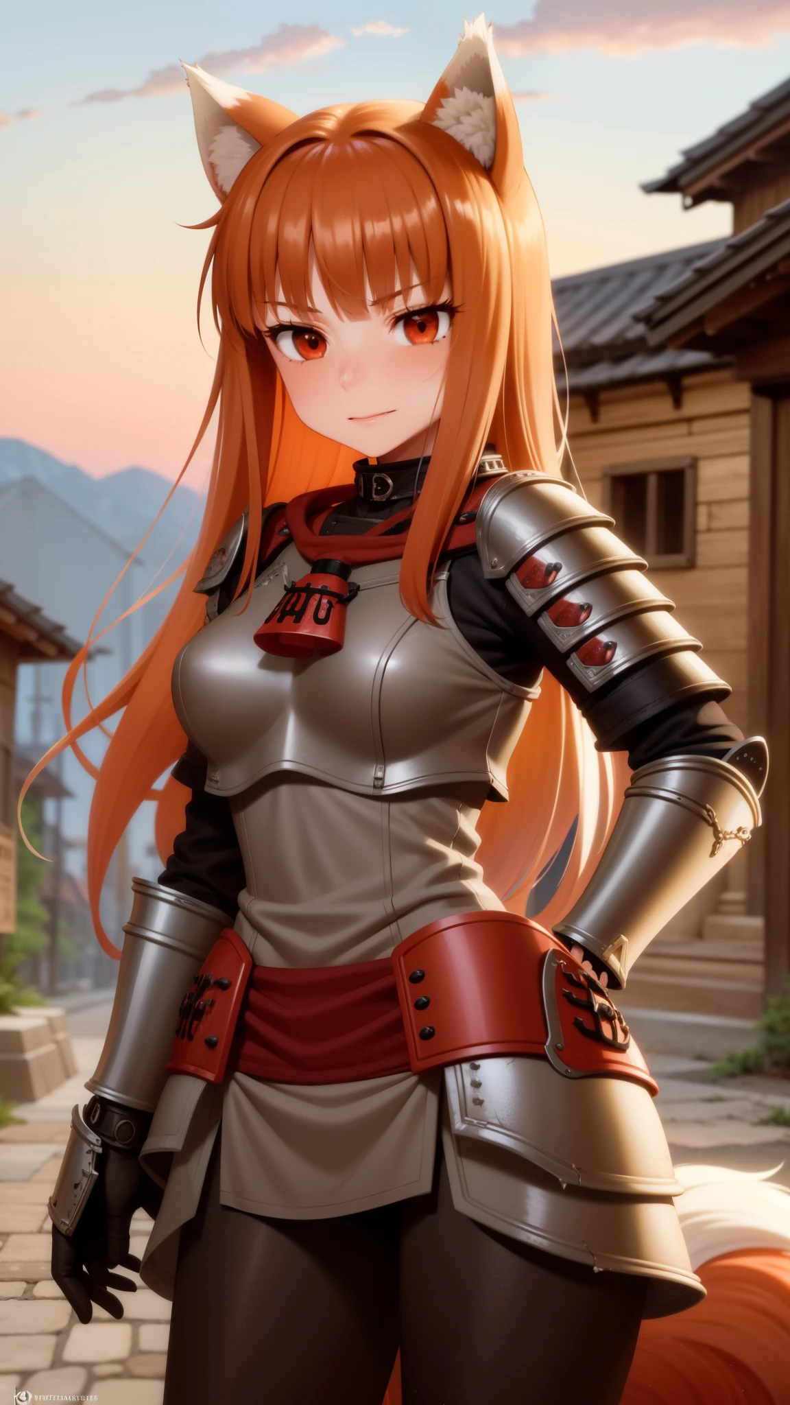  Ultra-detailed, HDR, UHD, ultra-fine painting, physical based rendering, extreme detail description, Professional, full-length portrait, landscape, style of Concept Artists, with a vibrant color palette, soft-lighting, 1girl, long hair, brown hair, animal ears, red eyes, wolf tail, necklace, ((wearing necromancer armor:1.5) , (with wolf ears), (red wolf girl, Wolf Female), (muscular strong body), (body scars, damaged), seductive sexy pose