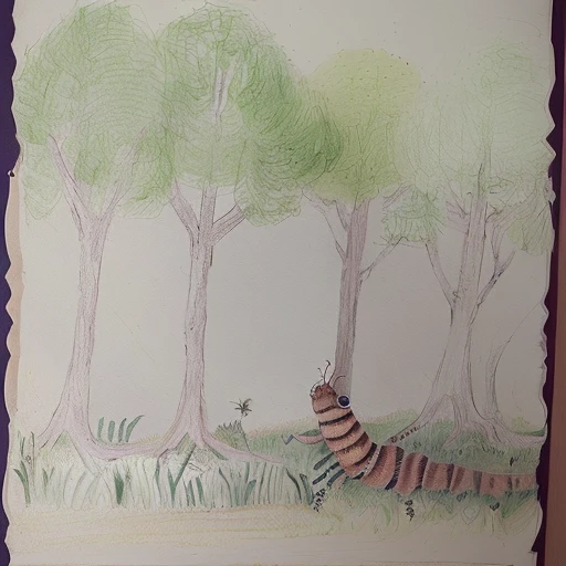 there is a drawing of a worm crawling in the grass, Ilustraciones infantiles, bosque caprichoso, obra de arte ganadora, inspirado en Henri Rousseau