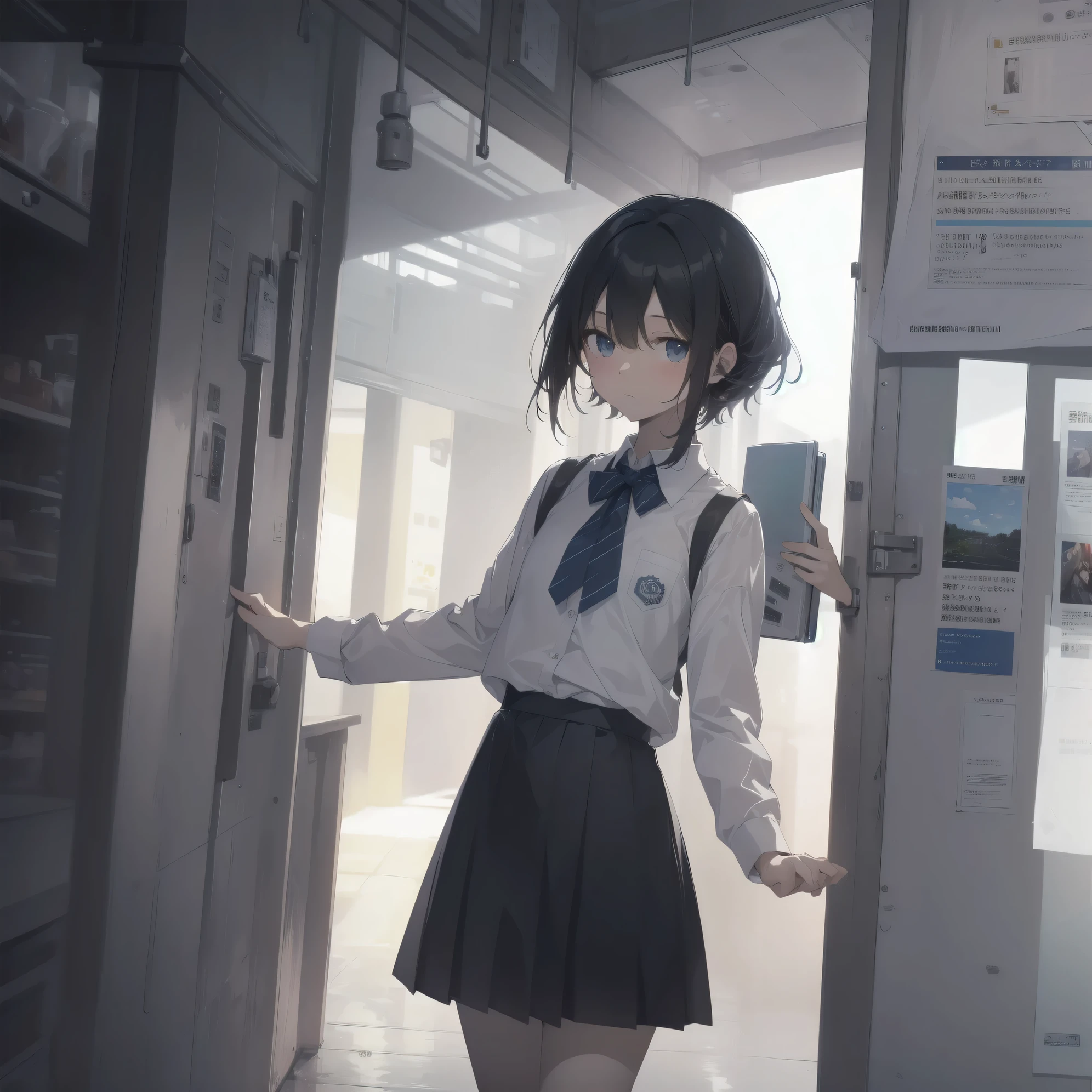 ultra-absurdres-Top quality by artist God, ultra-detailed, high resolution, anime moe artstyle, best anime 8k konachan wallpaper, pixiv contest winner, pool:2810, perfect anatomy,break, 1girl, (Please draw a girl walking sleepily to school alone. )break,(Solo,little female, 13-year-old:1.3),Full limbs, complete fingers,a junior high school student, (very short hair), short cut, flat chest, , small butt, small black eyes, beautiful detailed eyes, well-proportioned iris and pupils, expressive eyes, highres detailed hair, soft expression, school_uniform, bowtie, collared shirt. pleated skirt,(Detailed Lighting), (Detailed background), in the School commute route. break,super detailed skin, Best cinematic lighting powered by famous artist, 8k,beauty illustration,photoshop_(medium),very aesthetic,break,((artist:ningen mame )), artist:bolze ,artist:oyari ashito ,artist:kantoku ,