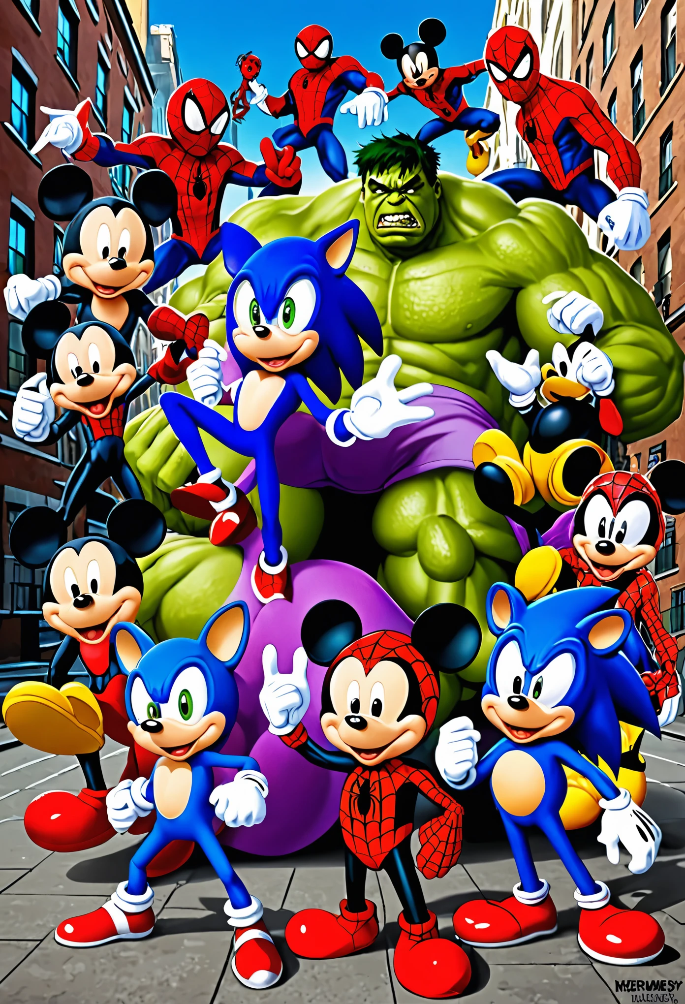 Mari, sonic, spiderman,meamente, hulk, deapbolp, kirbi,bugs bummy, mickey mouse , en una pelea