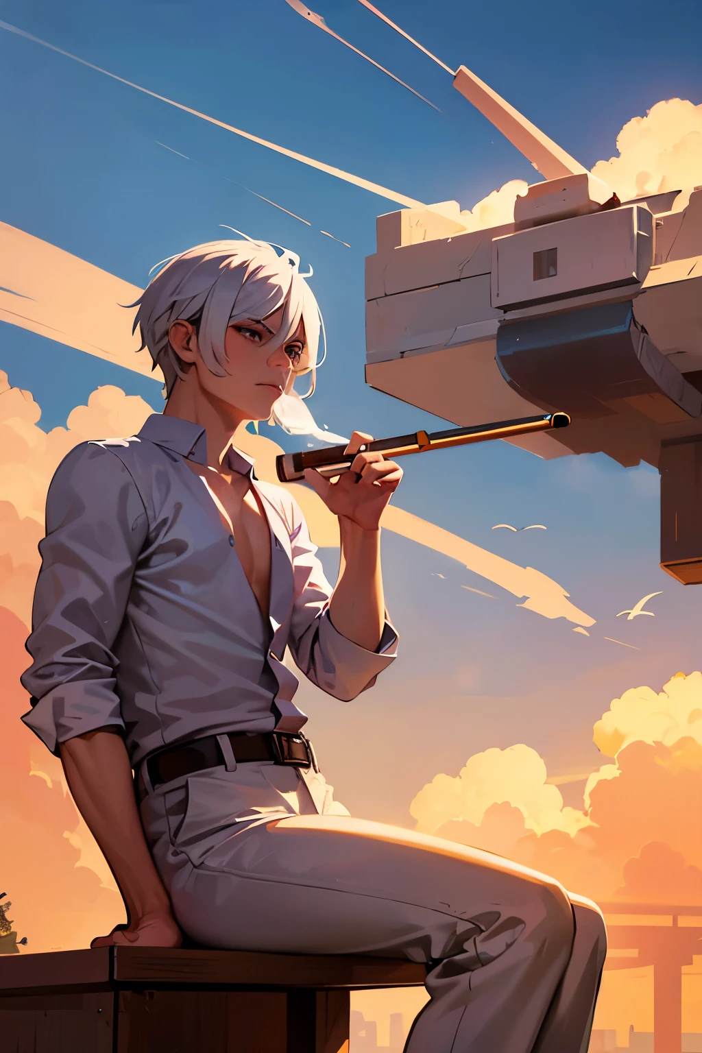 A young martial artist with white hair and sky-colored eyes is sitting on a cloud with his back to the setting sun, smoking a cigar pipe in his mouth.