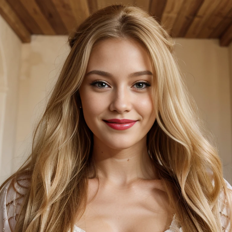 blond,belle, visage parfait, lipstick, sourire, very long hair, elle a des boucles d&#39; elle porte dans ses bras sa fille de 4 ans qui est blonde, elle lui ressemble beaucoup, elle est heureuse et elle sourit, la photo est prise de loin dans son salon,