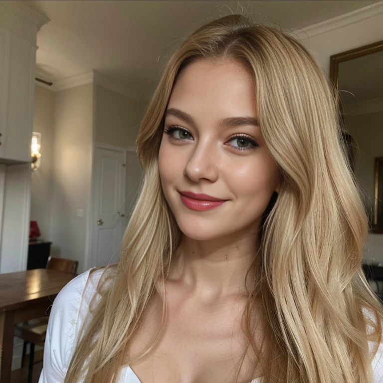 blond,belle, visage parfait, lipstick, sourire, very long hair, elle a des boucles d' elle porte dans ses bras sa fille de 4 ans qui est blonde, elle lui ressemble beaucoup, elle est heureuse et elle sourit, la photo est prise de loin dans son salon,