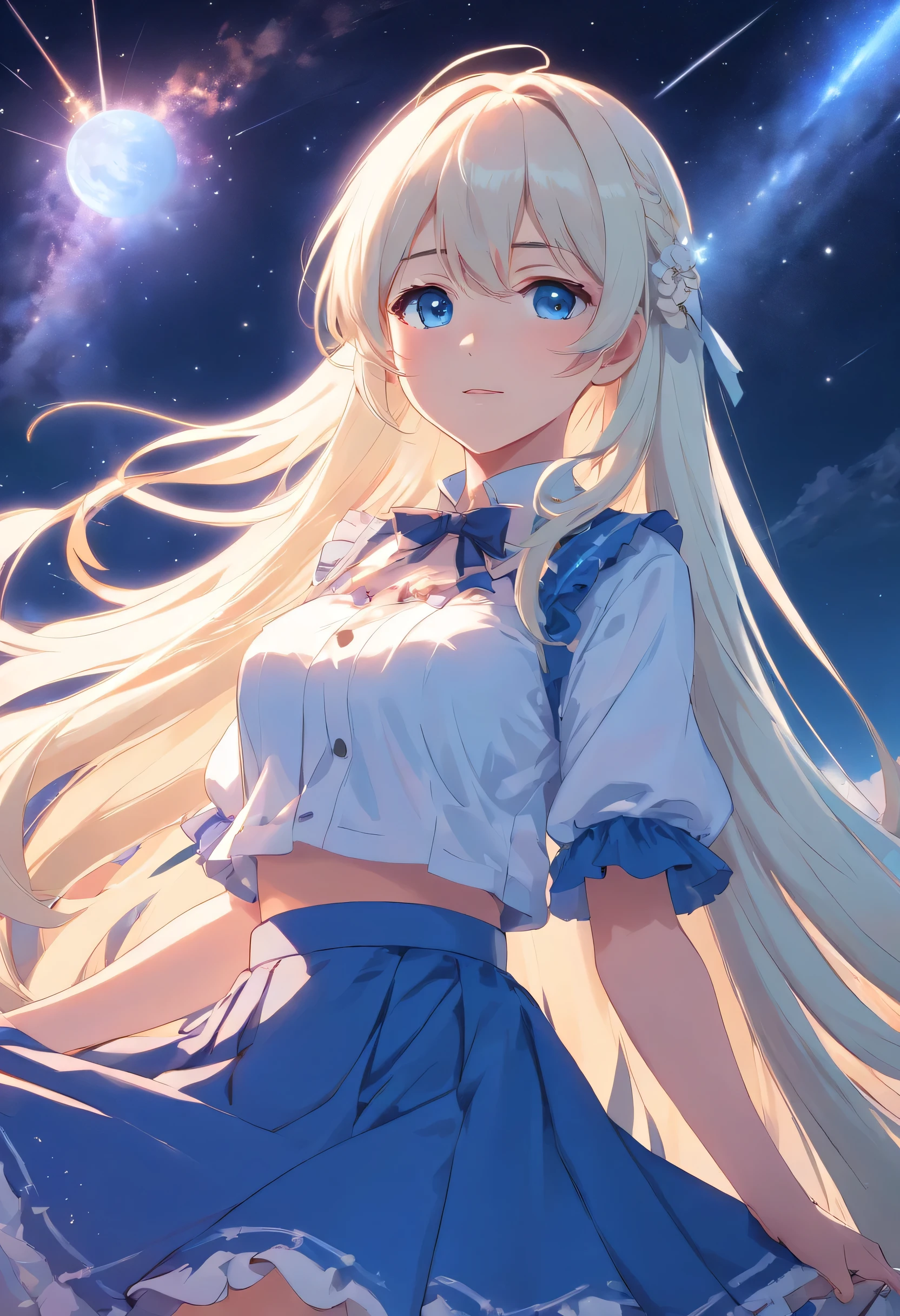 White long hair,blue eyes,Sexy ta skirt,Scantily clad,nsfw,Background is starry sky,Royal sister appearance,Big Breasts