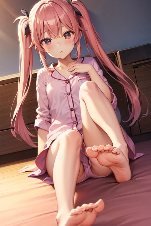 1girl,solo,leg up,barefoot,foot focus,foot up,twin tail,pink hair,pajamas