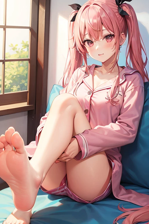 1girl,solo,leg up,barefoot,foot focus,foot up,twin tail,pink hair,pajamas