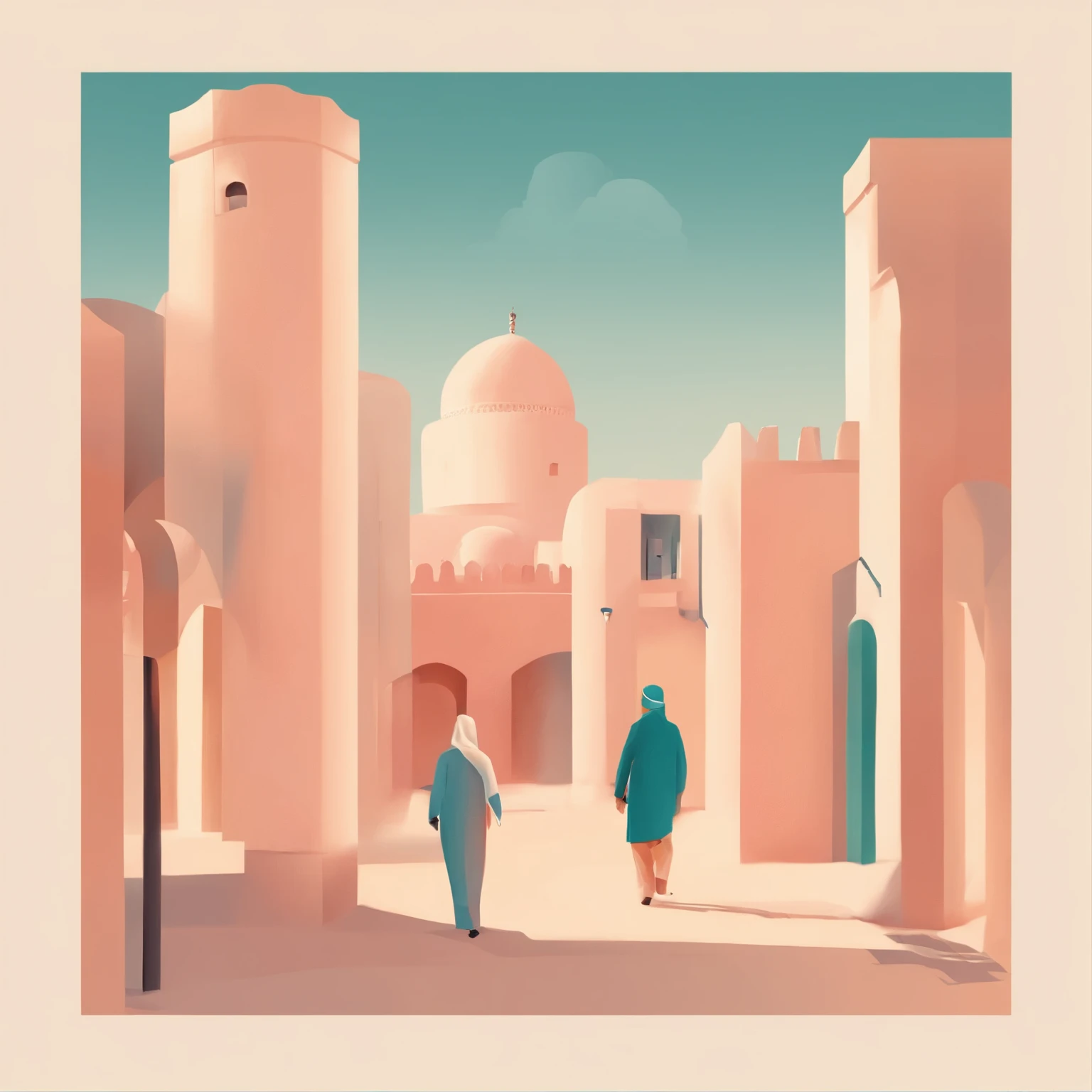 illustration of a Oman, Cities Of Oman, Muscat, Oman symbols, ,poster, jouful, , editorial illustration pastelcolor, in style of james gilleard, illustration style, james gilleard artwork, flat illustration, in style of digital illustration, magazine illustrations, editorial illustration, digital illustration -, #illustration, magazine illustration, inspired by James Gilleard, modern illustration, illustration | rutkowski, stylized digital illustration