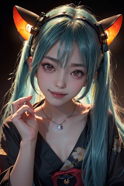 15 years old、woman、masterpiece, Hatsune Miku,yukata、Evil Smiley Face, Dark Skin, Red eyes, Iris, Pupil orange,A hilltop with a view of Mt. Fuji、front、cheek、(Chest empty:1,5)