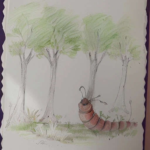 there is a drawing of a worm crawling in the grass,  bosque caprichoso