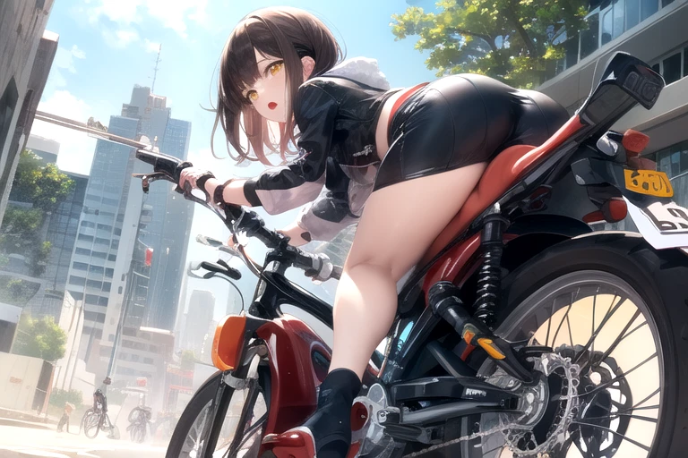 masterpiece, highest quality, One girl, (cigarette:1.0), Riding on motorcycle, View your viewers, ,
BREAK Cut BREAK Yellow Eyes、Tilt the bike sideways、Applying the brakes,Dust rises after braking、
 