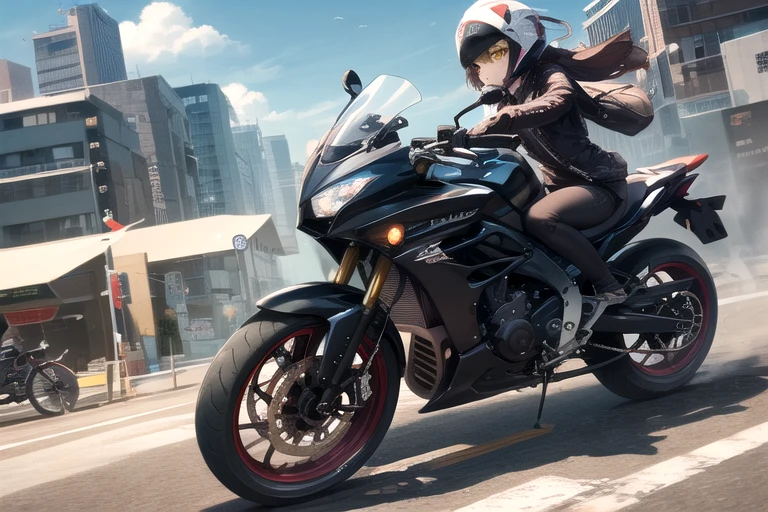 masterpiece, highest quality, One girl, (cigarette:1.0), Riding on motorcycle, View your viewers, ,
BREAK Cut BREAK Yellow Eyes、Tilt the bike sideways、Applying the brakes,Dust rises after braking、
 