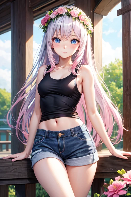 anime long white hair to the waist with a pink flower wreath, black tank top with black boots tall with pink stripes, blue eyes, small breasts, black tank top , shorts
