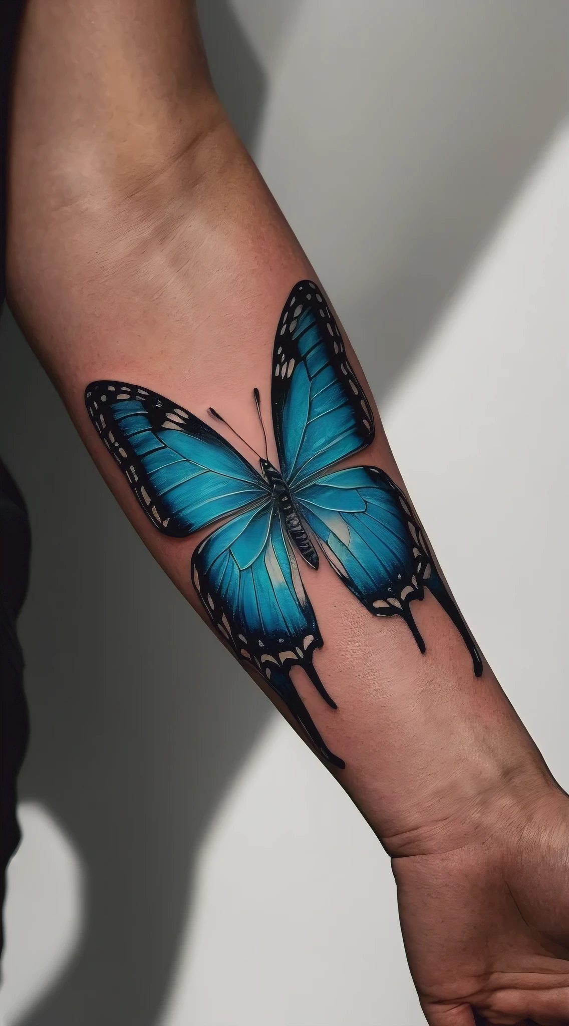 (best quality,4k,8k,highres,masterpiece:1.2),ultra-detailed,(realistic,photorealistic,photo-realistic:1.37), A stunning, high-resolution portrait photograph showcasing a detailed blue butterfly tattoo on a person's forearm. The tattoo is colorful and intricately designed, with realistic wings and a vibrant blue hue. The skin appears smooth, and the overall composition is visually captivating. The background is minimalistic, allowing the tattoo to be the center of attention., portrait photography, photo