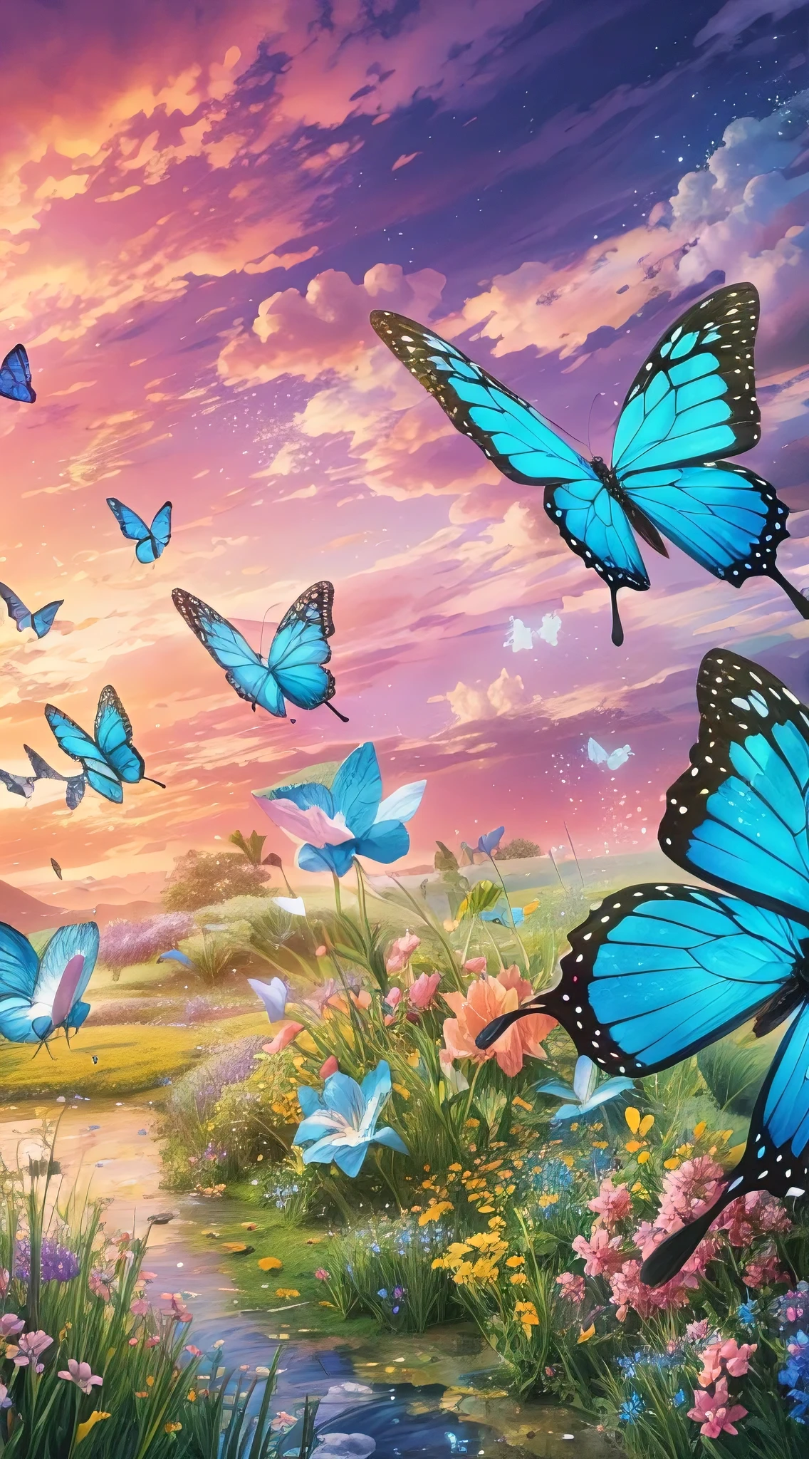 (best quality,4k,8k,highres,masterpiece:1.2),ultra-detailed,(realistic,photorealistic,photo-realistic:1.37), A dreamy and enchanting anime illustration of a group of blue butterflies gracefully flying across a vibrant meadow. The sky is filled with brilliant hues of pink, purple, and orange, creating a mesmerizing sunset atmosphere. The meadow is filled with tall grasses, colorful flowers, and a gently flowing stream. The butterflies are accompanied by small fairies, also with blue hues, that sprinkle a magical dust, leaving a trail of shimmering stars., illustration, anime