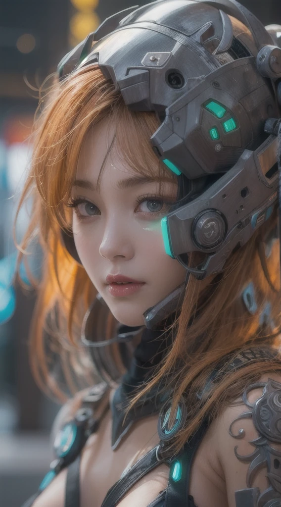 ​masterpiece, 1 beautiful girl, Detailed eye, Swollen eyes, top-quality, 超A high resolution, (reality: 1.4), Movie Lighting, very extremely beautiful, Beautiful skins, A slender, Forward-facing body, (A hyper-realistic), (hight resolution), (8K), (ighly detailed), ( Best Illustration), (beautifully detailed eyes), (ultra-detailliert), Detailed face, Bright lighting, Professional Lighting、the most beautiful and sexy cyberpunk girl, orange hair, green eyes, beautiful skin, wearing incredibly detailed futuristic cyberpunk battle armor, huge enormously gigantic , cleavage showing, tons of tattoos and piercings, in hyper futuristic city metropolis, cherry blossoms blowing in the wind, incredibly cinematic, incredibly perfect masterpiece, high quality, high resolution
