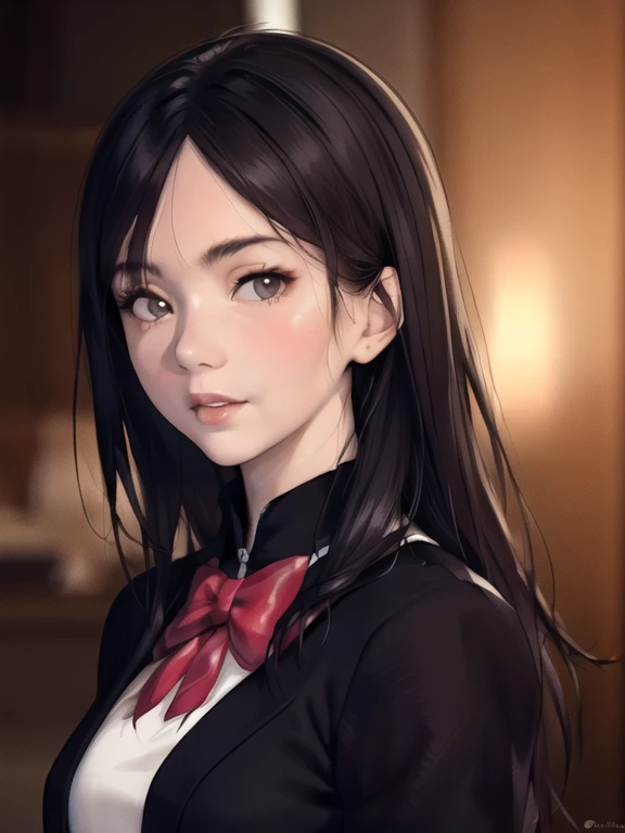 (best quality,4k,8k,highres,masterpiece:1.2),ultra-detailed,(realistic,photorealistic,photo-realistic:1.37),A woman with long hair wearing a white jacket and bow tie,Korean Girls,Realistic young anime girl,chinese girl,Real life anime girls,Long Hair Anime Girl,Shirahime cut hairstyle,Cute natural anime face,Realistic anime 3D style,Beautiful Anime Girls,With a cute-nice-face,Beautiful anime portraits,Beautiful Korean Women,oil painting,smooth brush strokes,vibrant colors,soft lighting,with flowers in the background.