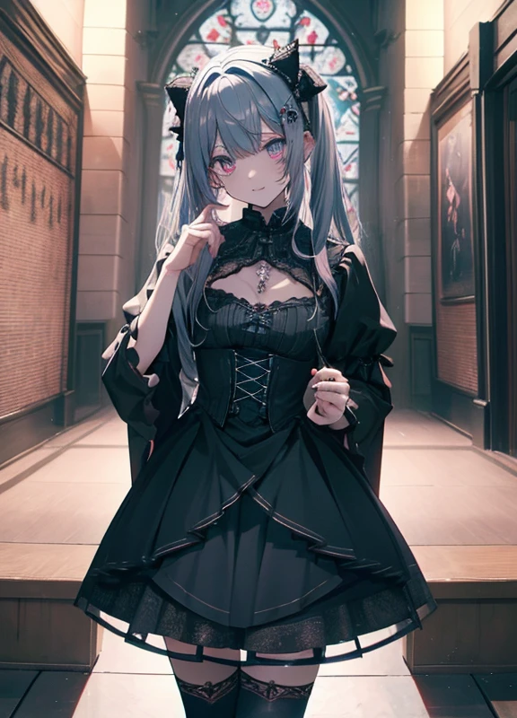 Hard Dark Gothic Makeup、deep night sky、Horror、Black dark eyeshadow、Good skin radiance、Dark Gothicメイク、Dark smile、palace、The beauty of fragrance、Embarrassed look、Dark Gothic、Obscene language、highest quality、View 5 bookaid clotheysterious、Noble、Loving smile、Twin tail hair、jet black ruffle skirt、Right blue eye, Left eye is red、Super bewitching pose、Platform Heel Shoes、Heavy makeup、Gothic Lolita Clothing、A little slimmer、Silver Hair、Long Hair Straight Hair、Cute Gothic Lolita Dress、Beautiful Face、elegant features、Knee-high socks、Stained glass background、The room is dark、goth long dress、Bell Sleeves、Wizard Sleeve、decadent look、Gothic Mode、Glossy thighs wet with water、Background of a room full of roses、Rose Maiden、The embroidery is pink、The dress has pink embroidery、Thigh-high socks、Knee-high socks、Dark black eyeshadow、despicable act、Stained glass and rose background、Wearing black underwear、Black panties have lesbian 、A blue lightning bolt glows in his right hand.、Blue electromagnetic waves shine in my hands.、dark church background、Stained glass、black metal world、Dark Castle、Dark Room、Slender body、upright、walk、Are standing、gothic long dresaid clothes、Victorian dresses、Her thighs glisten with sweat、The thighs are the best