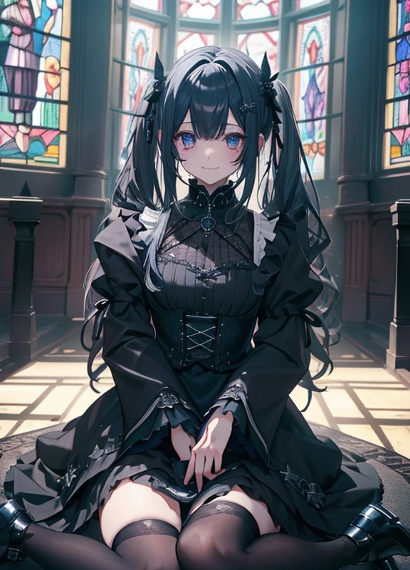 Hard Dark Gothic Makeup、deep night sky、Horror、Black dark eyeshadow、Good skin radiance、Dark Gothicメイク、Dark smile、palace、The beauty of fragrance、Embarrassed look、Dark Gothic、Obscene language、highest quality、View 5 bookaid clotheysterious、Noble、Loving smile、Twin tail hair、jet black ruffle skirt、Right blue eye, Left eye is red、Super bewitching pose、Platform Heel Shoes、Heavy makeup、Gothic ta Clothing、A little slimmer、Silver Hair、Long Hair Straight Hair、Cute Gothic Loliress、Beautiful Face、elegant features、Knee-high socks、Stained glass background、The room is dark、goth long dress、Bell Sleeves、Wizard Sleeve、decadent look、Gothic Mode、Glossy thighs wet with water、Background of a room full of roses、Rose Maiden、The embroidery is pink、The dress has pink embroidery、Thigh-high socks、Knee-high socks、Dark black eyeshadow、despicable act、Stained glass and rose background、Wearing black underwear、Black panties have lesbian 、A blue lightning bolt glows in his right hand.、Blue electromagnetic waves shine in my hands.、dark church background、Stained glass、black metal world、Dark Castle、Dark Room、Slender body、upright、walk、Are standing、gothic long dresaid clothes、Victorian dresses、Her thighs glisten with sweat、The thighs are the best
