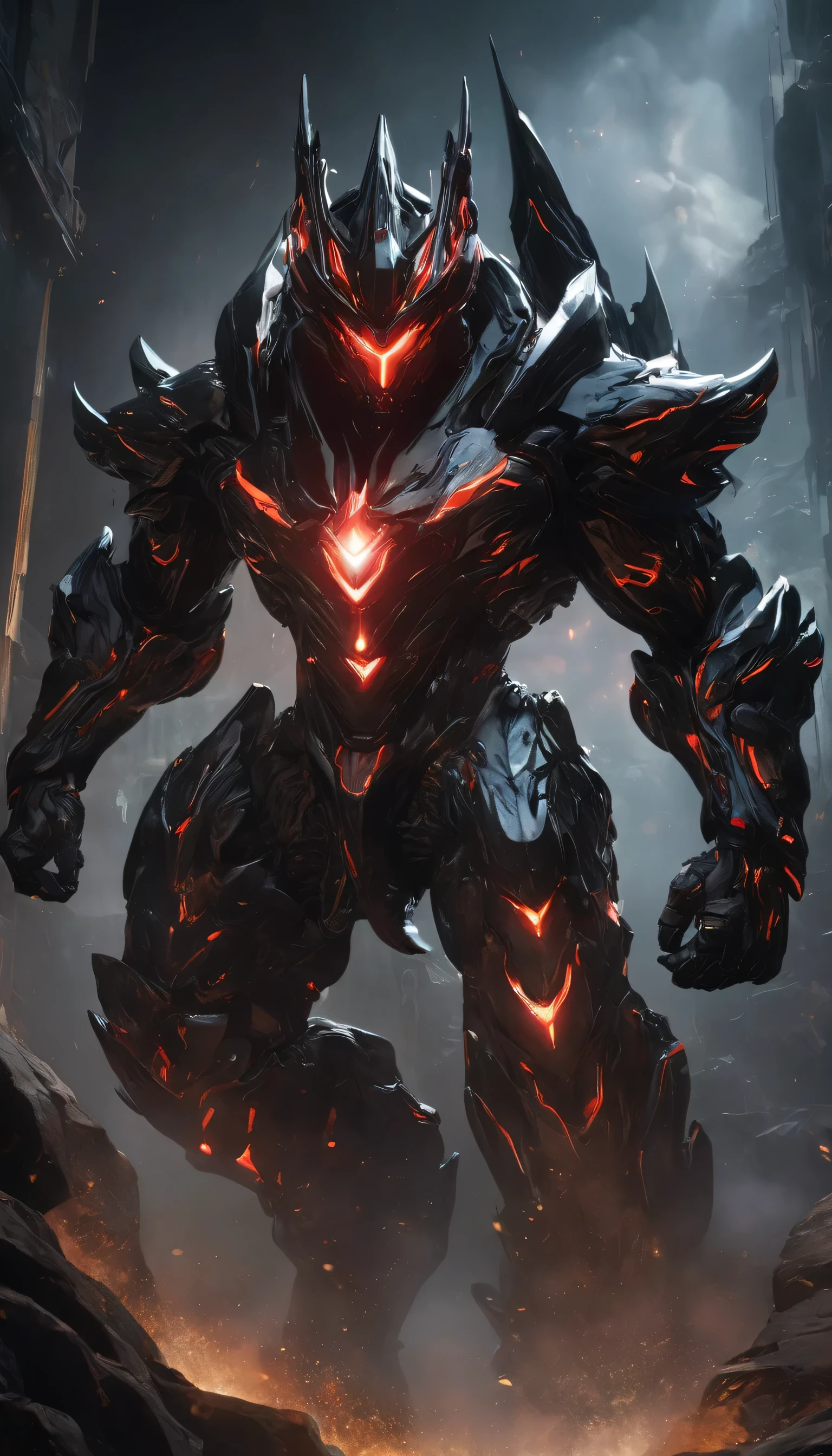 A towering war machine crafted from hardened steel and pulsating with the ominous red glow in its chest of Lenovo's Legion branding, lenovo legion logo on face, This Warframe Guardian stands as a sentinel of technological supremacy, its imposing form bristling with cannons and energy weapons, boss monster, massive size, fierce expression, looking down, scary look, mean look, fierce, massive body, wide body, black color, black body, wide shot, long shot, kaiju, massive monster, detailed background, ruins, dungeon, epic battle, hero vs monster, full, uncropped subject, dust, wind, dark, dim light, volumetric lighting, Hyperrealism, breathtaking, ultra realistic, ultra detailed, cinematic lighting, highly detailed, breathtaking, photography, stunning environment, wide-angle