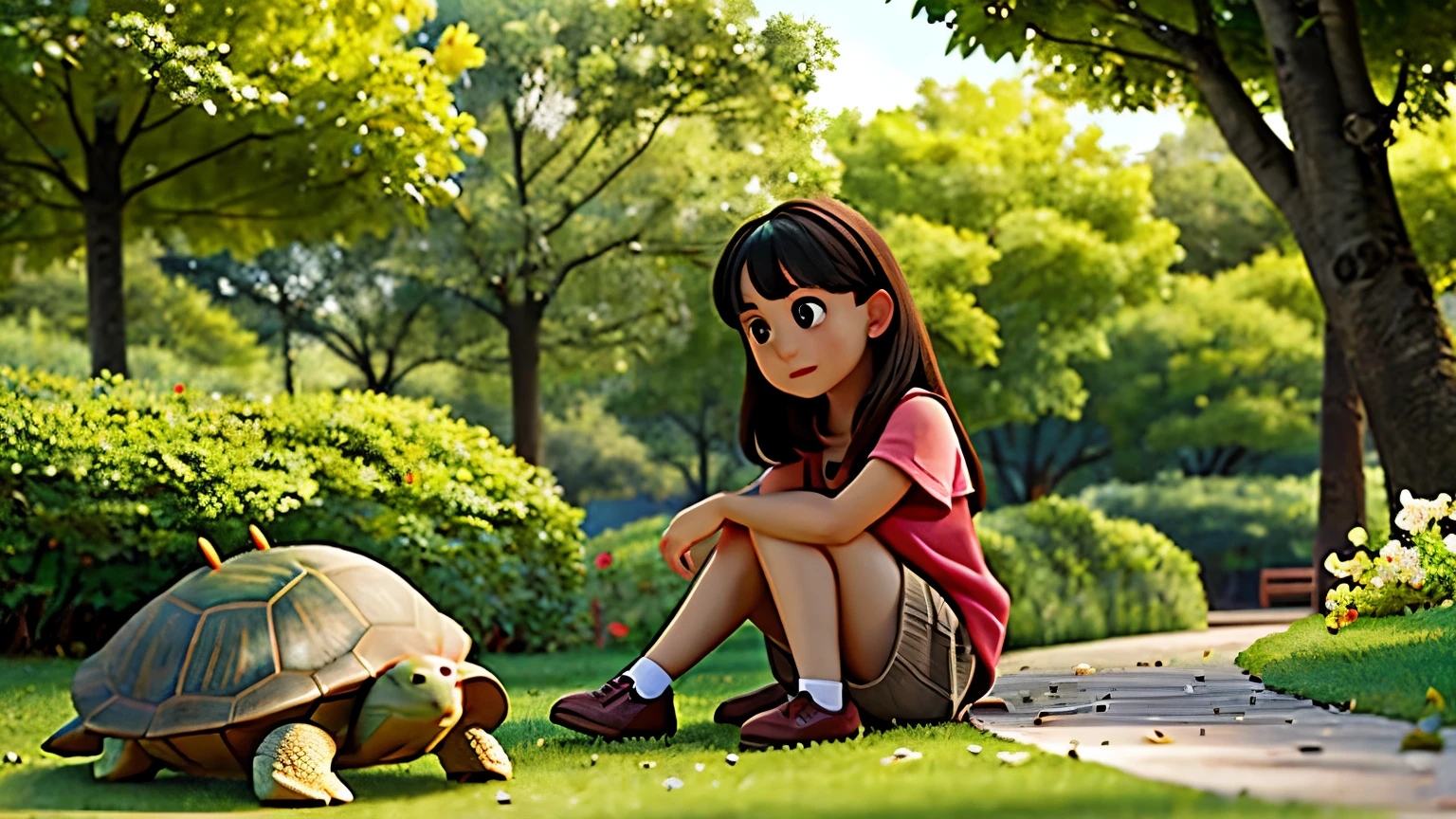 a girl watching a turtle in a park

