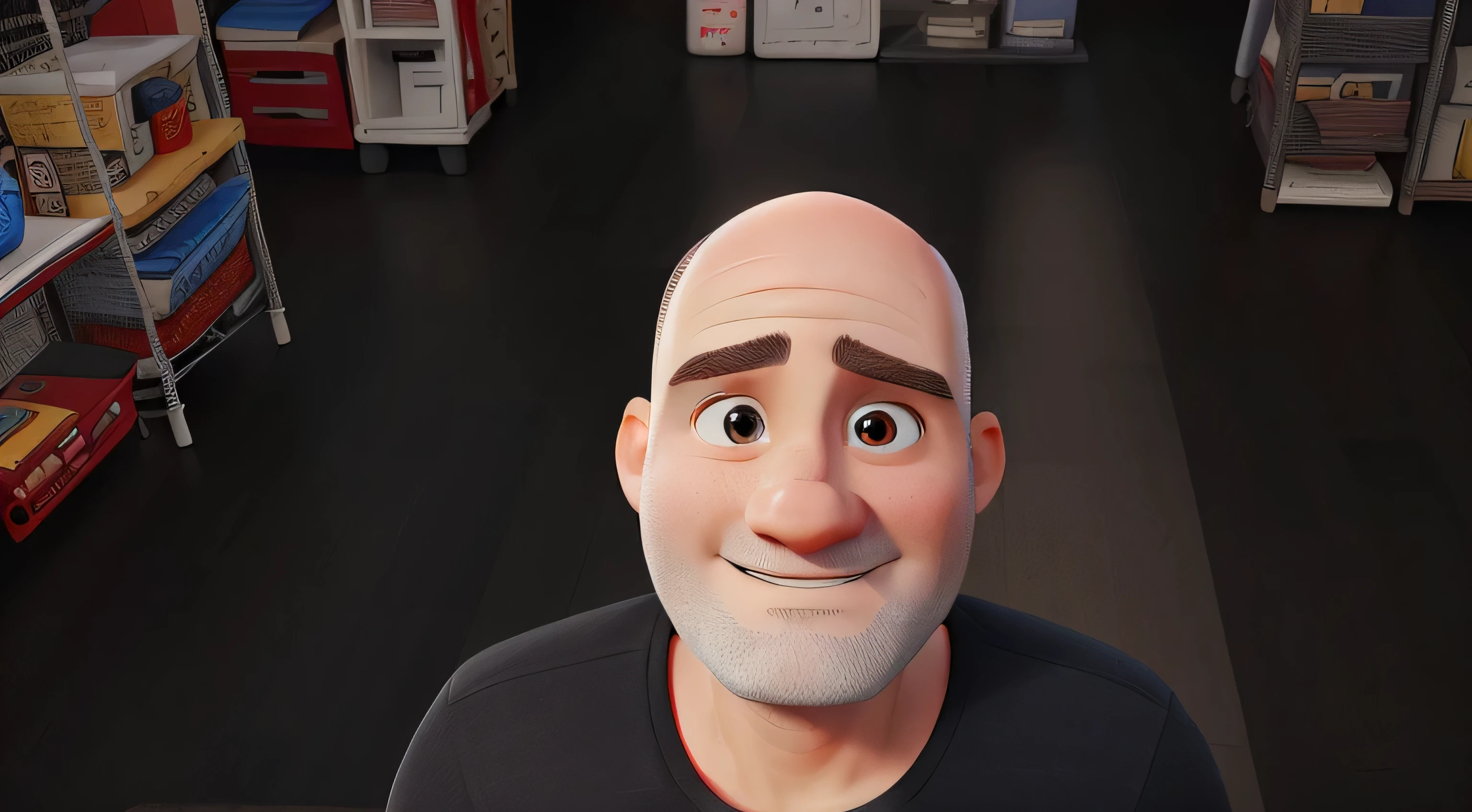 45-year-old man, white, bald with no hair, dark brown eyes, wearing a red t-shirt, white background.