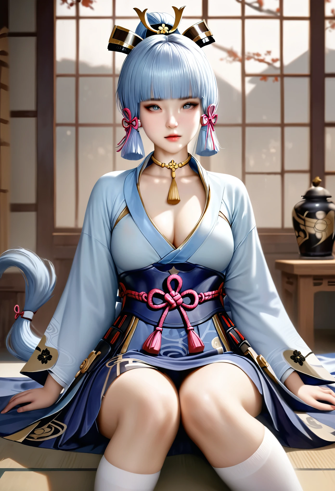 animetoreal,soft light, realistic, masterpiece, best quality, delicate face,1girl,sitting, full body,
Kamisato Ayaka,Kamisato Ayaka(genshin impact), light blue hair, blunt bangs, a small gold ornament, grey eyes, pony tail , medium breasts, blue Japanese clothes, obi, white socks