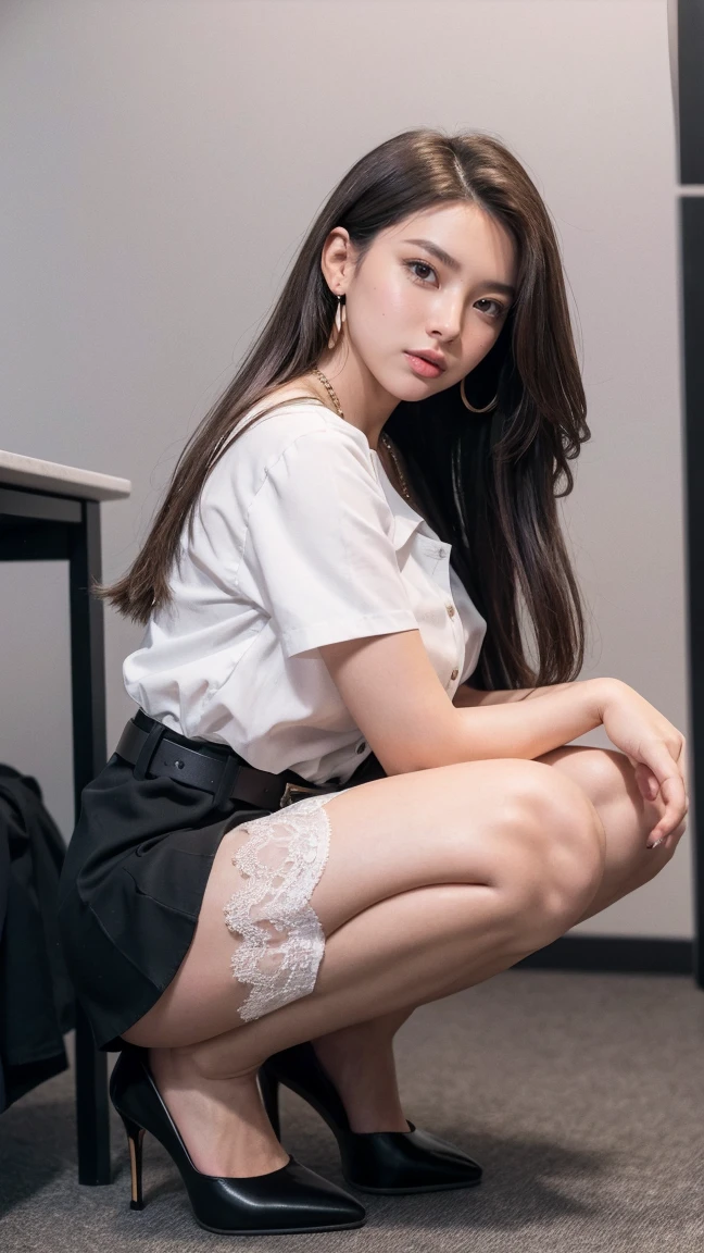 18 year old female, Masterpiece:1.4, long brown hair, (squatting:1.4), On heels, legs spread apart.), Lace underwear, gigantic bust:1.5, buttocks sexy hips, necklace, cute earrings, White short-sleeved shirt with button-down collar., brown belt, A tight black skirt shakes open.:1.3, black stilettos, In the office., raw photos, in the dark, deep shadow, low voice, cool light,